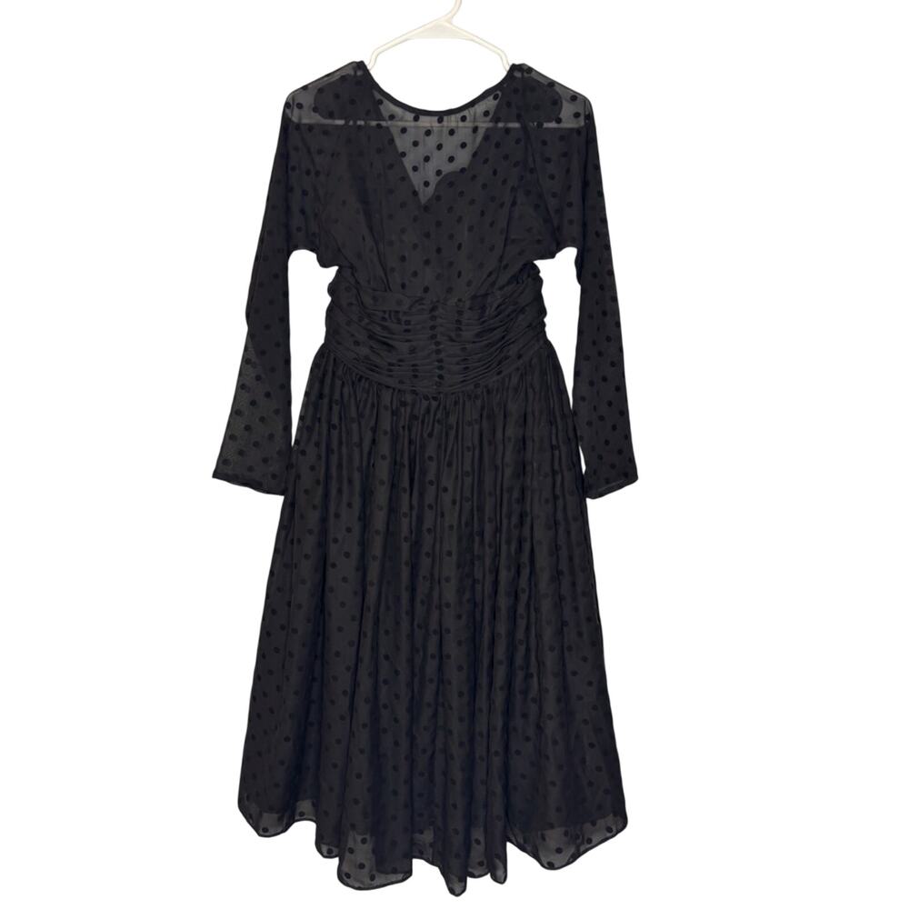 Unique Vintage NWT Black Chiffon w/ Velvet Polka Dot Long Sleeve Swing Dress S